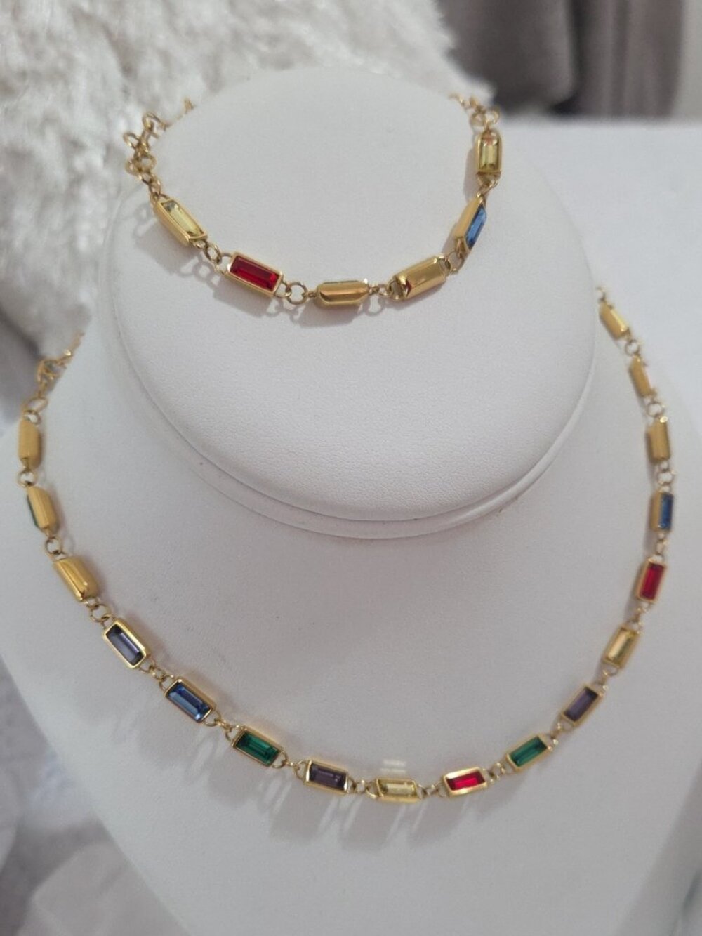 Multicolor Baguette Crystal Necklace Bracelet Jewelry Set